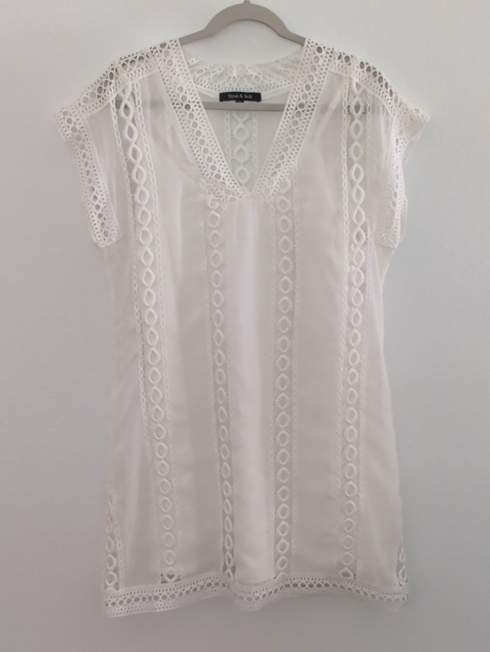 Strut & Bolt Women's White Crochet-Striped V-Neck Dress